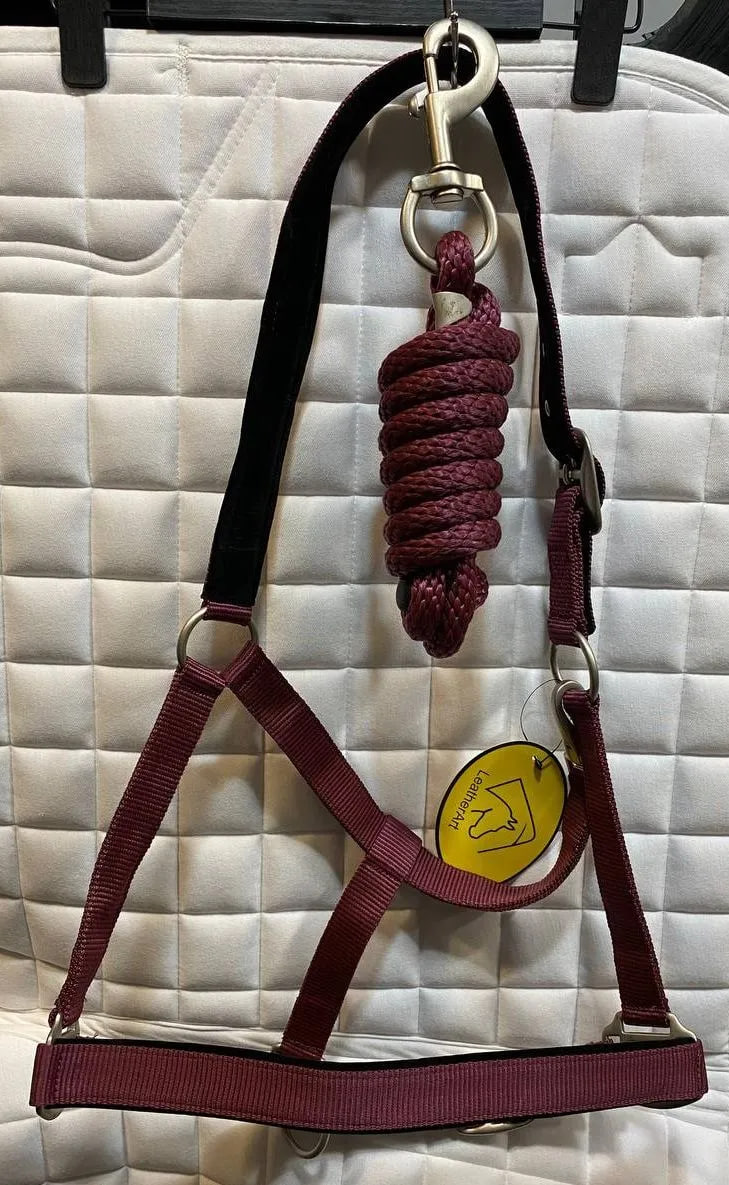 Недоуздок нейлоновый с мягкой подложкой + чомбур LeatherArt комплект. (Бордовый, COB)